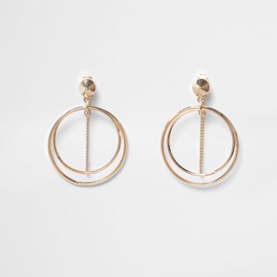 Gold tone double hoop chain earrings